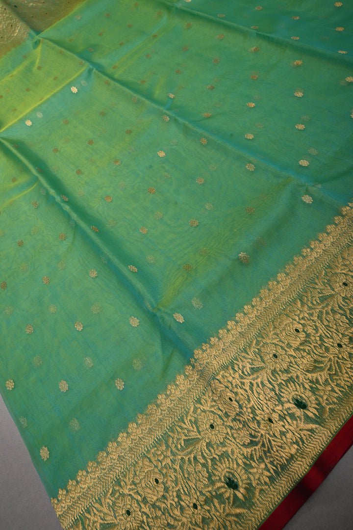Green Dual tone Chanderi Silk Saree with Chunri Zari Buttis and Meenakari Zari Borders | SHOBITAM