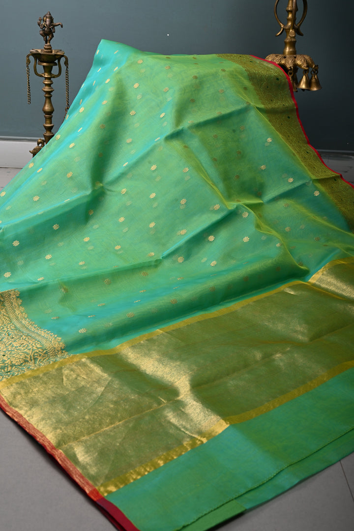 Green Dual tone Chanderi Silk Saree with Chunri Zari Buttis and Meenakari Zari Borders | SHOBITAM