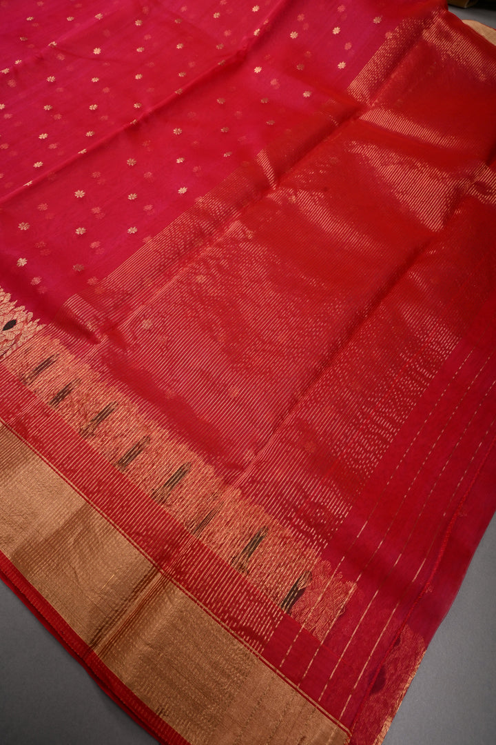 Blood Red Chanderi Silk Saree with Chunri Zari Buttis and Meenakari panel on Zari Borders | SHOBITAM