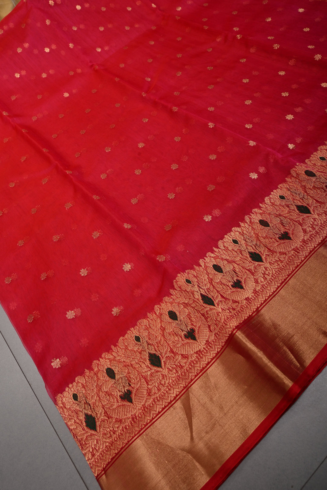 Blood Red Chanderi Silk Saree with Chunri Zari Buttis and Meenakari panel on Zari Borders | SHOBITAM