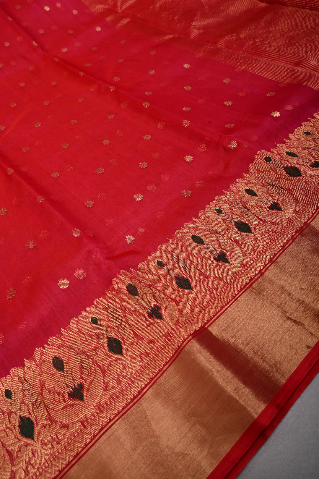 Blood Red Chanderi Silk Saree with Chunri Zari Buttis and Meenakari panel on Zari Borders | SHOBITAM