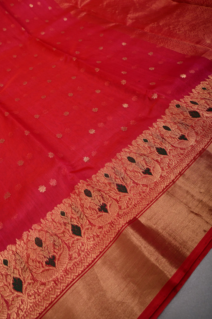 Blood Red Chanderi Silk Saree with Chunri Zari Buttis and Meenakari panel on Zari Borders | SHOBITAM