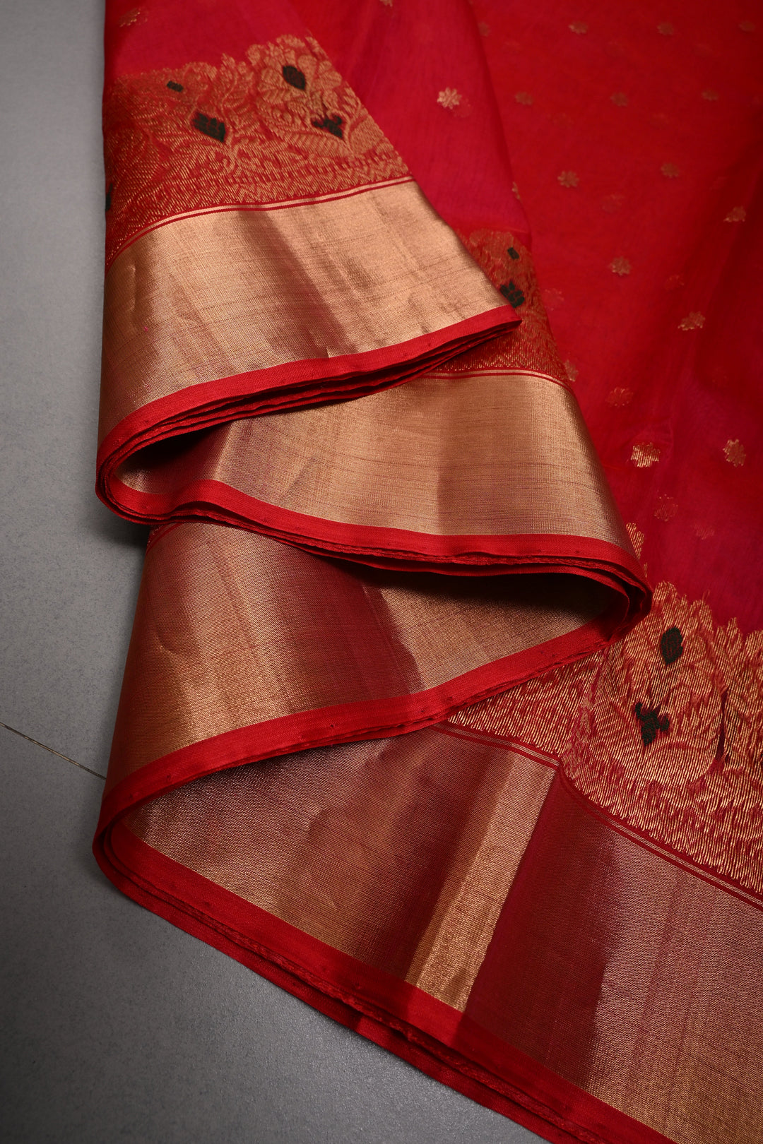 Blood Red Chanderi Silk Saree with Chunri Zari Buttis and Meenakari panel on Zari Borders | SHOBITAM