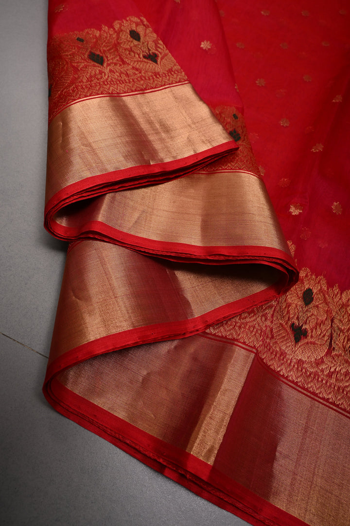 Blood Red Chanderi Silk Saree with Chunri Zari Buttis and Meenakari panel on Zari Borders | SHOBITAM