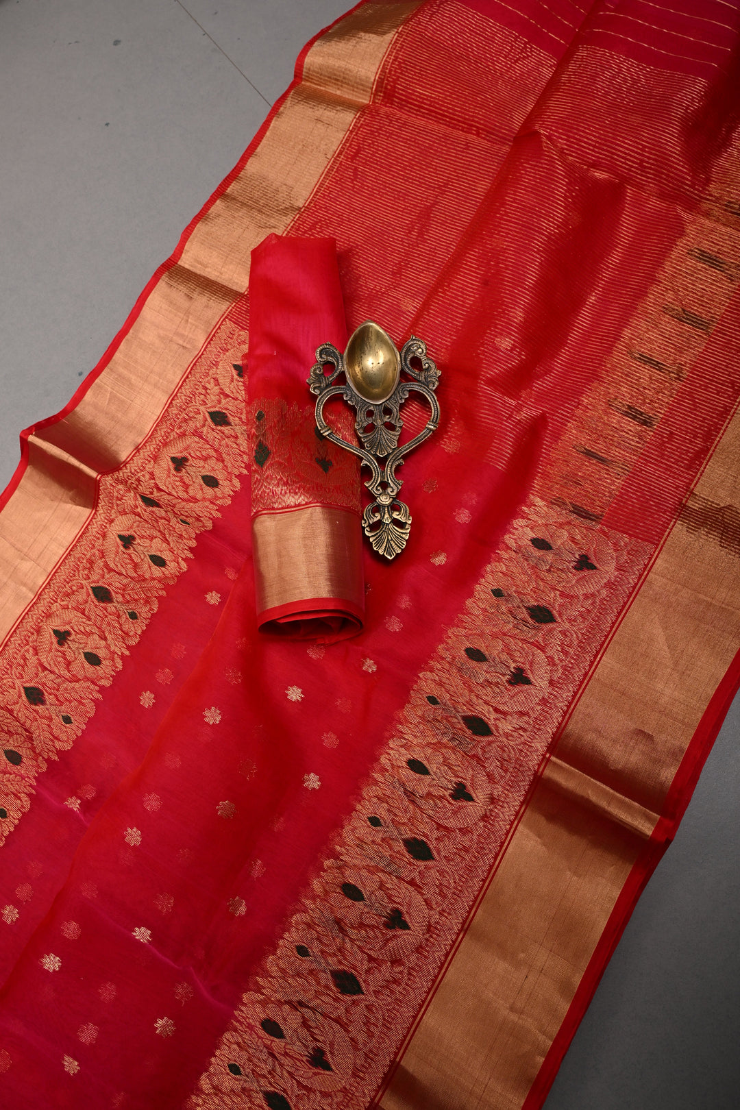 Blood Red Chanderi Silk Saree with Chunri Zari Buttis and Meenakari panel on Zari Borders | SHOBITAM
