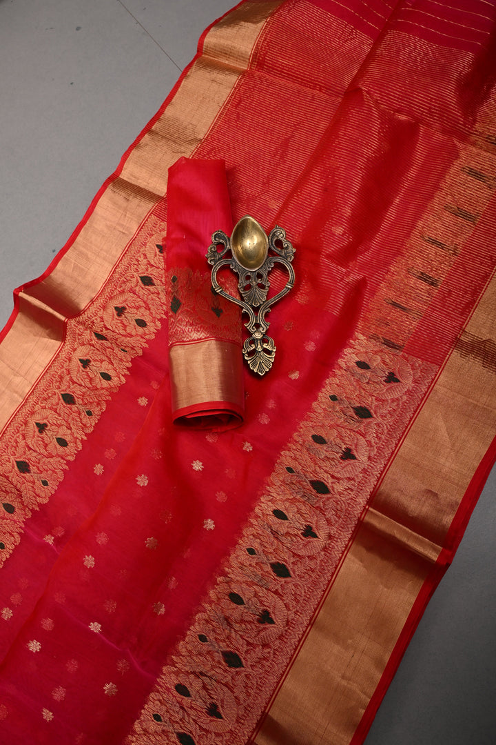 Blood Red Chanderi Silk Saree with Chunri Zari Buttis and Meenakari panel on Zari Borders | SHOBITAM