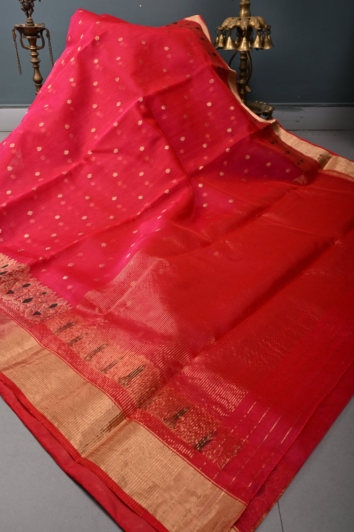 Blood Red Chanderi Silk Saree with Chunri Zari Buttis and Meenakari panel on Zari Borders | SHOBITAM