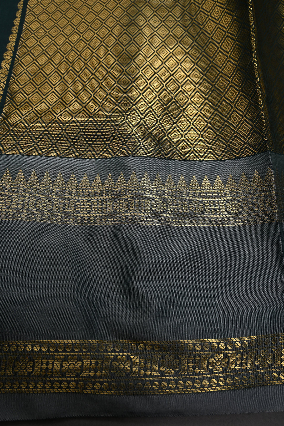 Hunter Green Kanjivaram Soft Silk Semi Saree with Ornate Zari Stripes and Rettaipet Zari Border | SHOBITAM