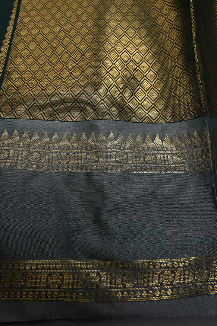 Hunter Green Kanjivaram Soft Silk Semi Saree with Ornate Zari Stripes and Rettaipet Zari Border | SHOBITAM
