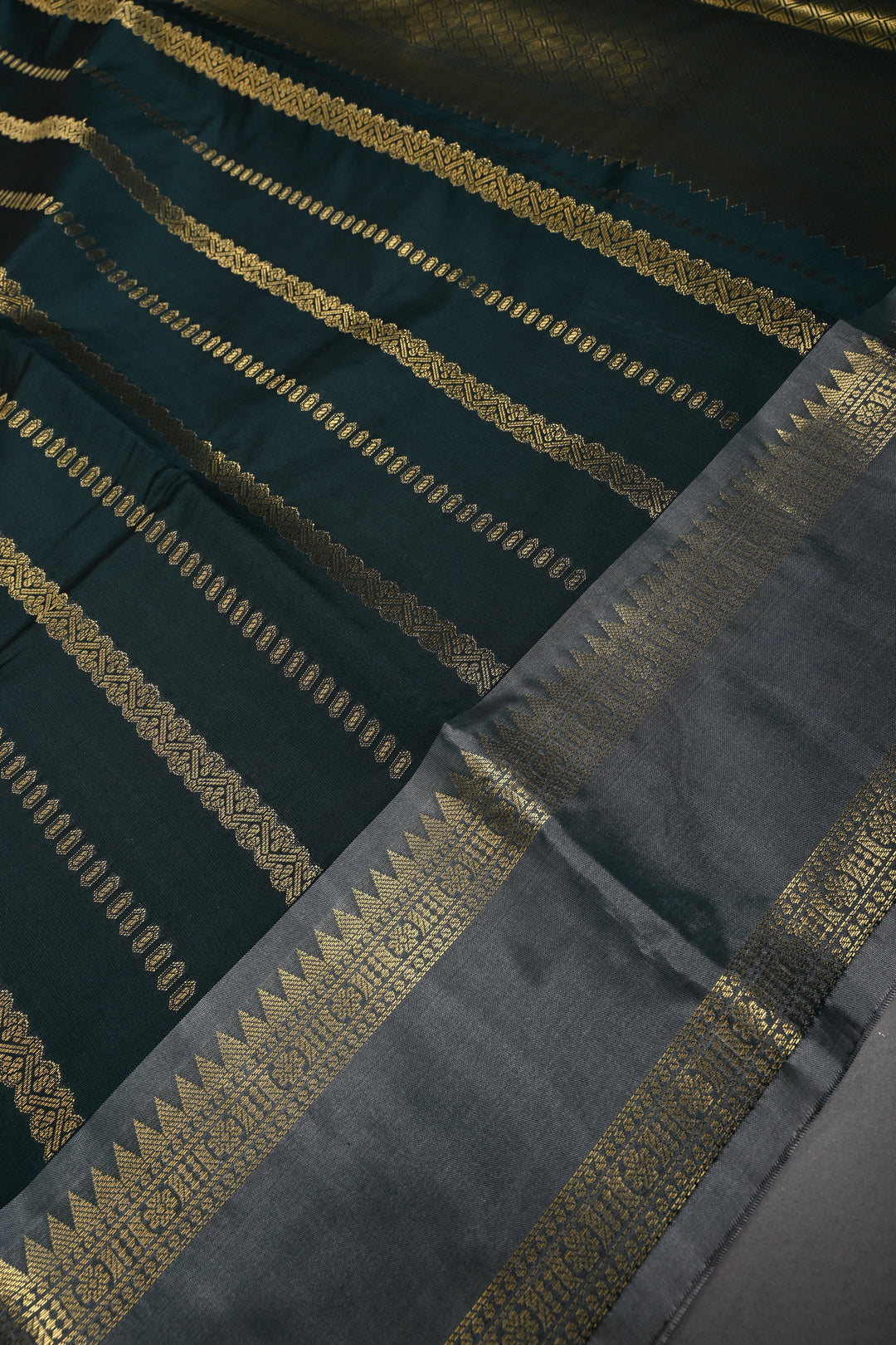 Hunter Green Kanjivaram Soft Silk Semi Saree with Ornate Zari Stripes and Rettaipet Zari Border | SHOBITAM