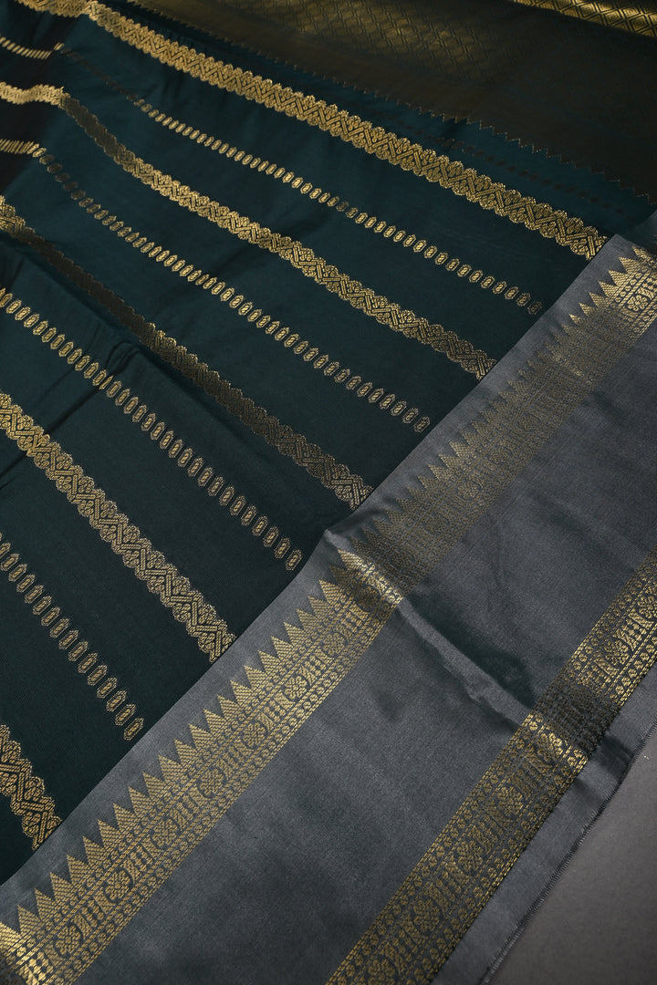 Hunter Green Kanjivaram Soft Silk Semi Saree with Ornate Zari Stripes and Rettaipet Zari Border | SHOBITAM