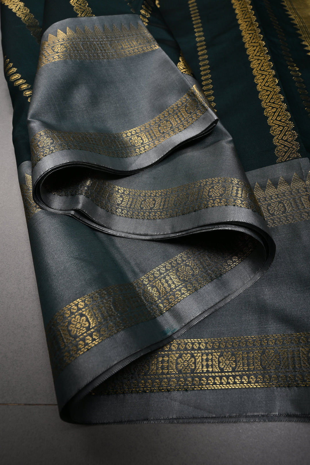 Hunter Green Kanjivaram Soft Silk Semi Saree with Ornate Zari Stripes and Rettaipet Zari Border | SHOBITAM