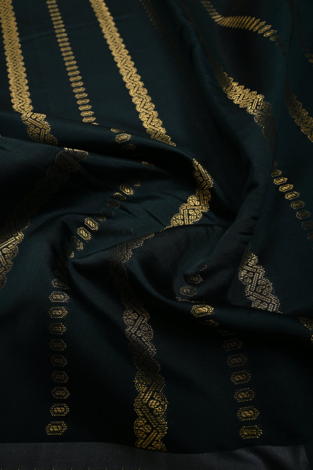 Hunter Green Kanjivaram Soft Silk Semi Saree with Ornate Zari Stripes and Rettaipet Zari Border | SHOBITAM