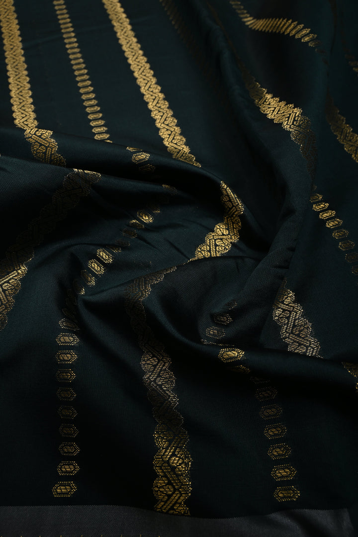 Hunter Green Kanjivaram Soft Silk Semi Saree with Ornate Zari Stripes and Rettaipet Zari Border | SHOBITAM
