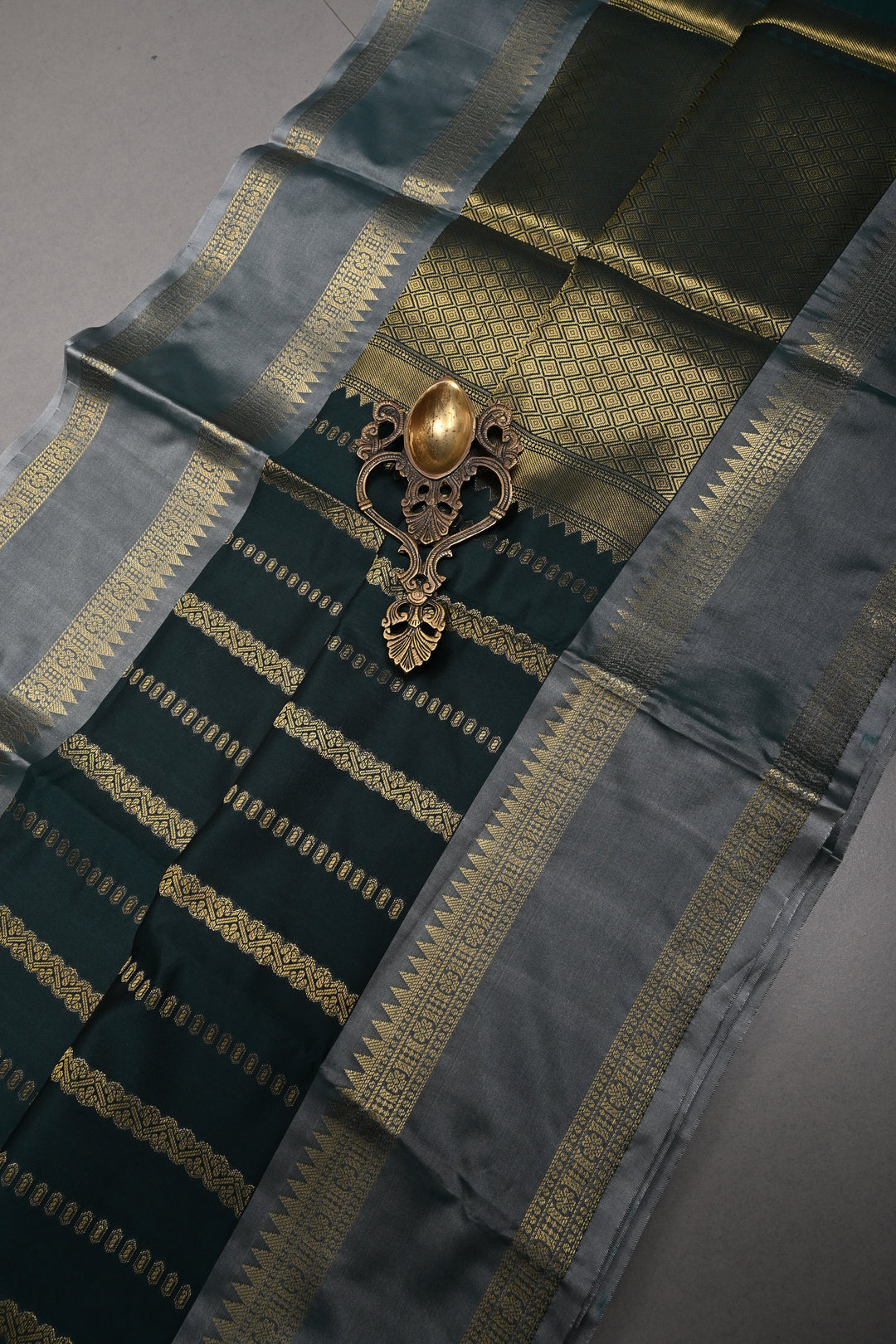 Hunter Green Kanjivaram Soft Silk Semi Saree with Ornate Zari Stripes and Rettaipet Zari Border | SHOBITAM