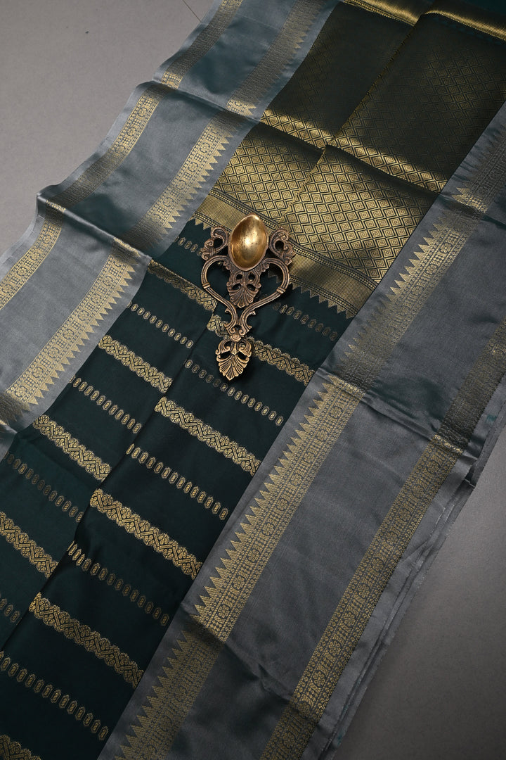 Hunter Green Kanjivaram Soft Silk Semi Saree with Ornate Zari Stripes and Rettaipet Zari Border | SHOBITAM