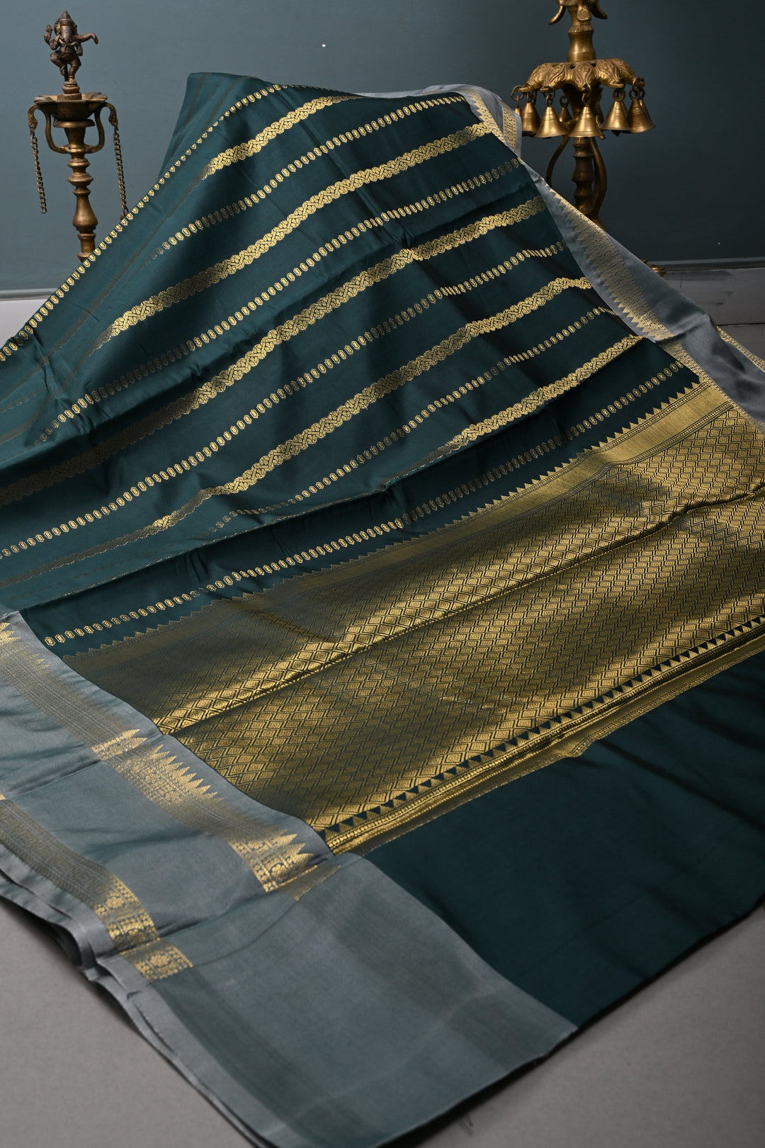 Hunter Green Kanjivaram Soft Silk Semi Saree with Ornate Zari Stripes and Rettaipet Zari Border | SHOBITAM