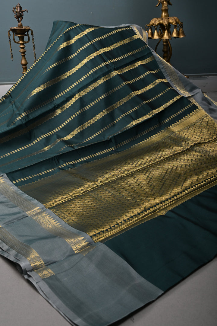Hunter Green Kanjivaram Soft Silk Semi Saree with Ornate Zari Stripes and Rettaipet Zari Border | SHOBITAM