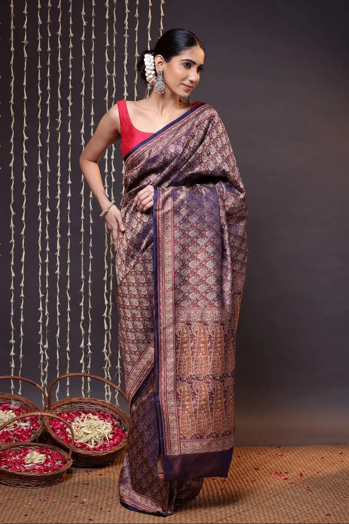 Unique Dark Purple Handloom Pure Silk Tanchoi Banarasi Saree | SILK MARK CERTIFIED | SHOBITAM