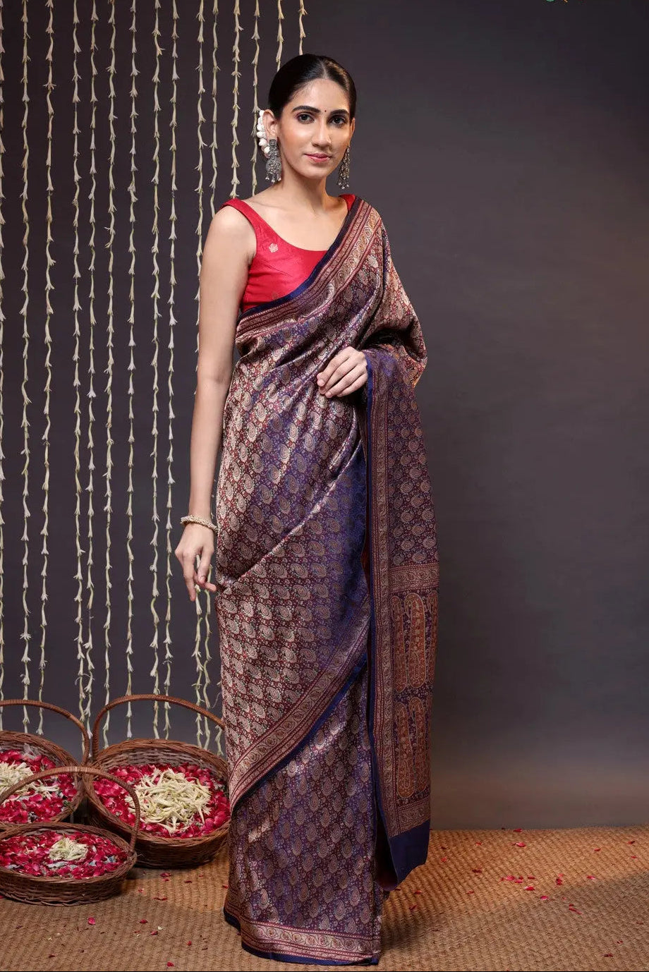 Unique Dark Purple Handloom Pure Silk Tanchoi Banarasi Saree | SILK MARK CERTIFIED | SHOBITAM