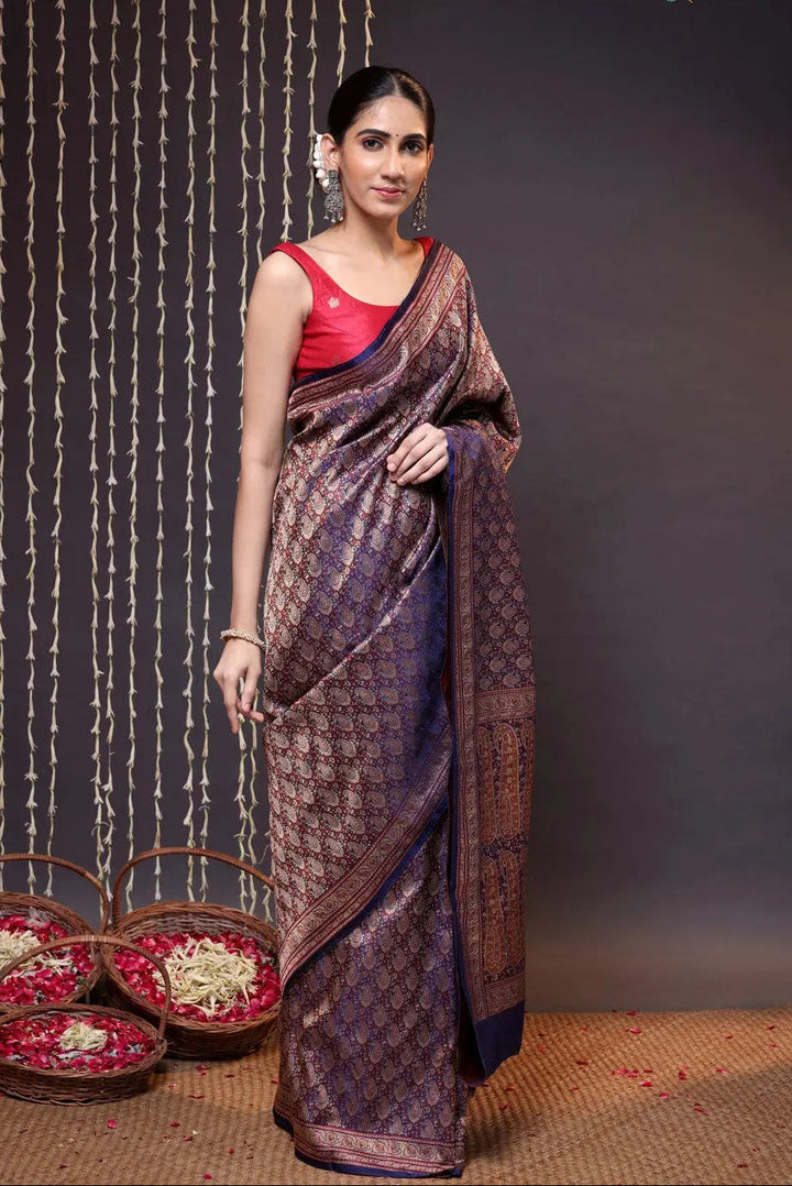 Unique Dark Purple Handloom Pure Silk Tanchoi Banarasi Saree | SILK MARK CERTIFIED | SHOBITAM