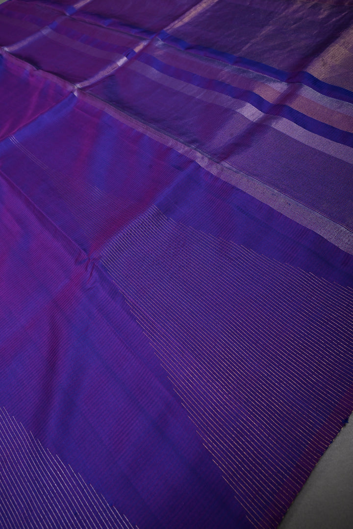Blue-Purple Dual Tone Borderless Kanjivaram Soft Silk Saree with Vairaoosi Temple Design  | SILK MARK CERTIFIED | SHOBITAM
