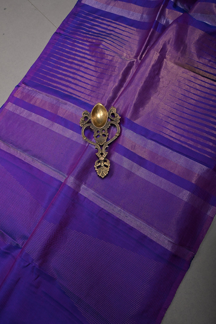 Blue-Purple Dual Tone Borderless Kanjivaram Soft Silk Saree with Vairaoosi Temple Design  | SILK MARK CERTIFIED | SHOBITAM