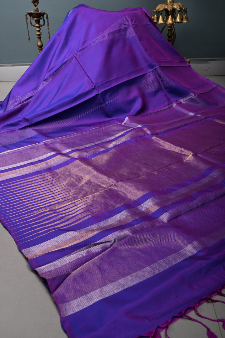 Blue-Purple Dual Tone Borderless Kanjivaram Soft Silk Saree with Vairaoosi Temple Design  | SILK MARK CERTIFIED | SHOBITAM