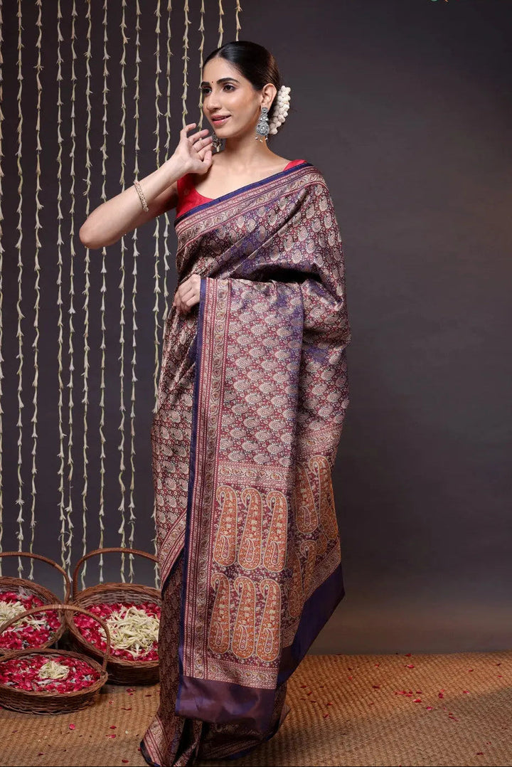 Unique Dark Purple Handloom Pure Silk Tanchoi Banarasi Saree | SILK MARK CERTIFIED | SHOBITAM