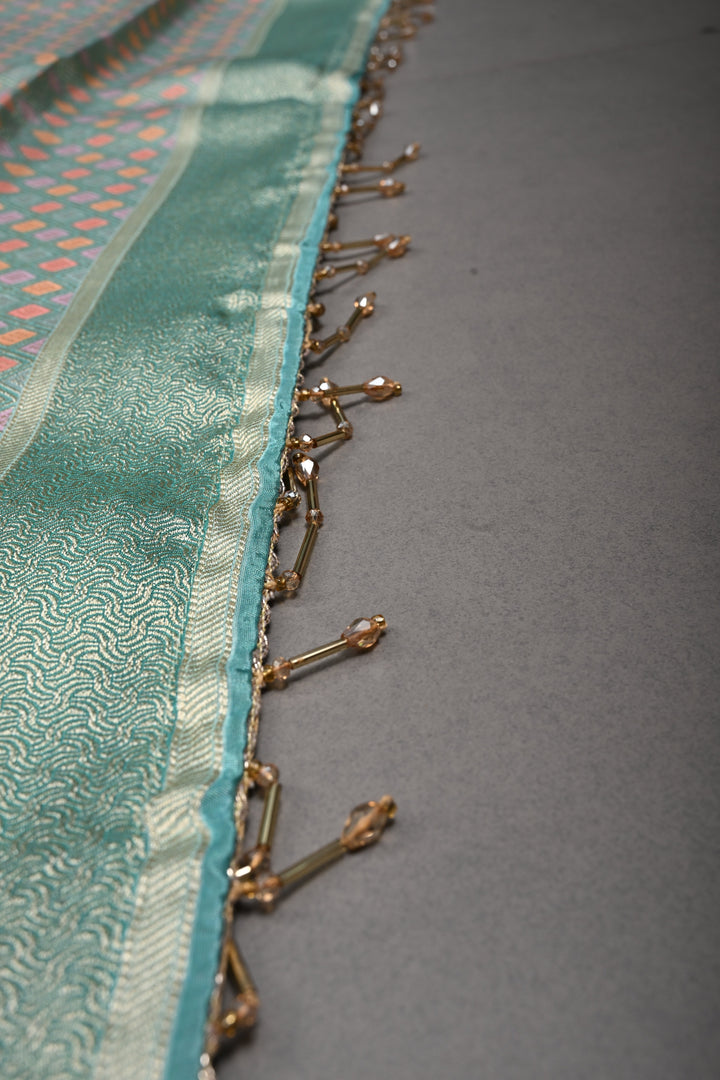 Green Woven Viscose Position Print Saree With and Zari Border | SHOBITAM
