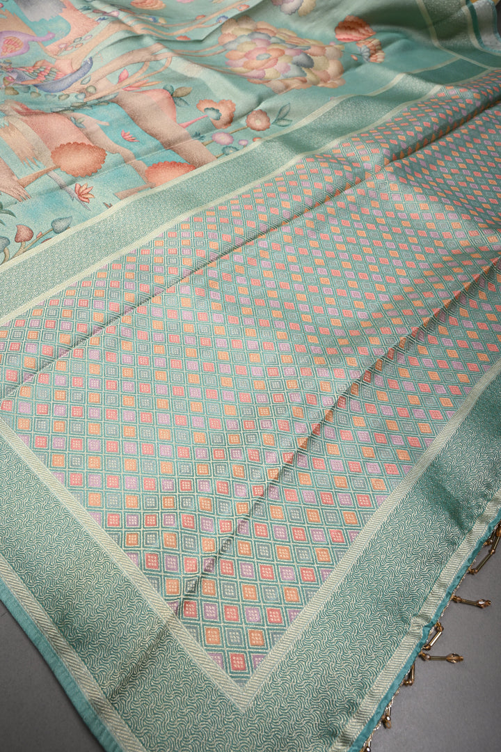 Green Woven Viscose Position Print Saree With and Zari Border | SHOBITAM