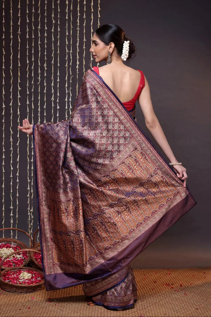 Unique Dark Purple Handloom Pure Silk Tanchoi Banarasi Saree | SILK MARK CERTIFIED | SHOBITAM