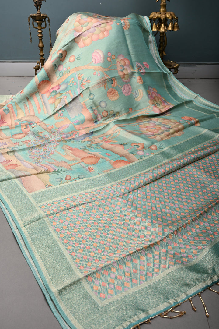Green Woven Viscose Position Print Saree With and Zari Border | SHOBITAM