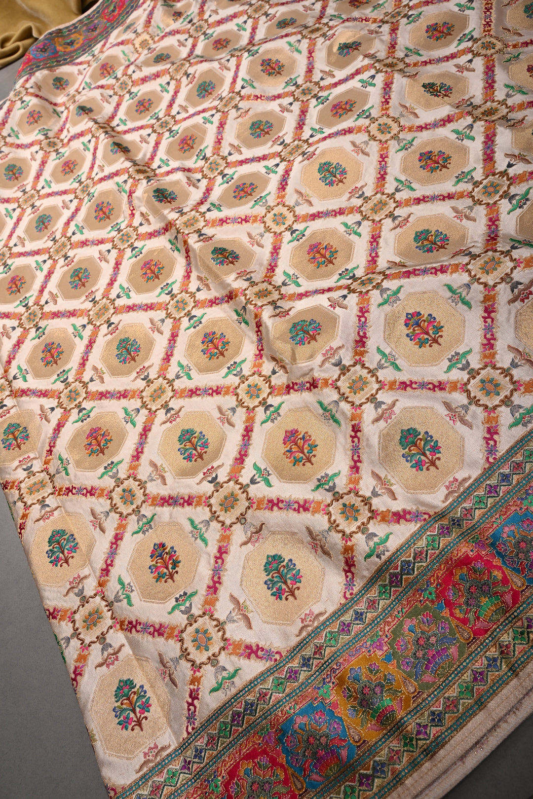 Taupe Satin Brocade Weaving Saree and Meenakari Zari Border | SHOBITAM