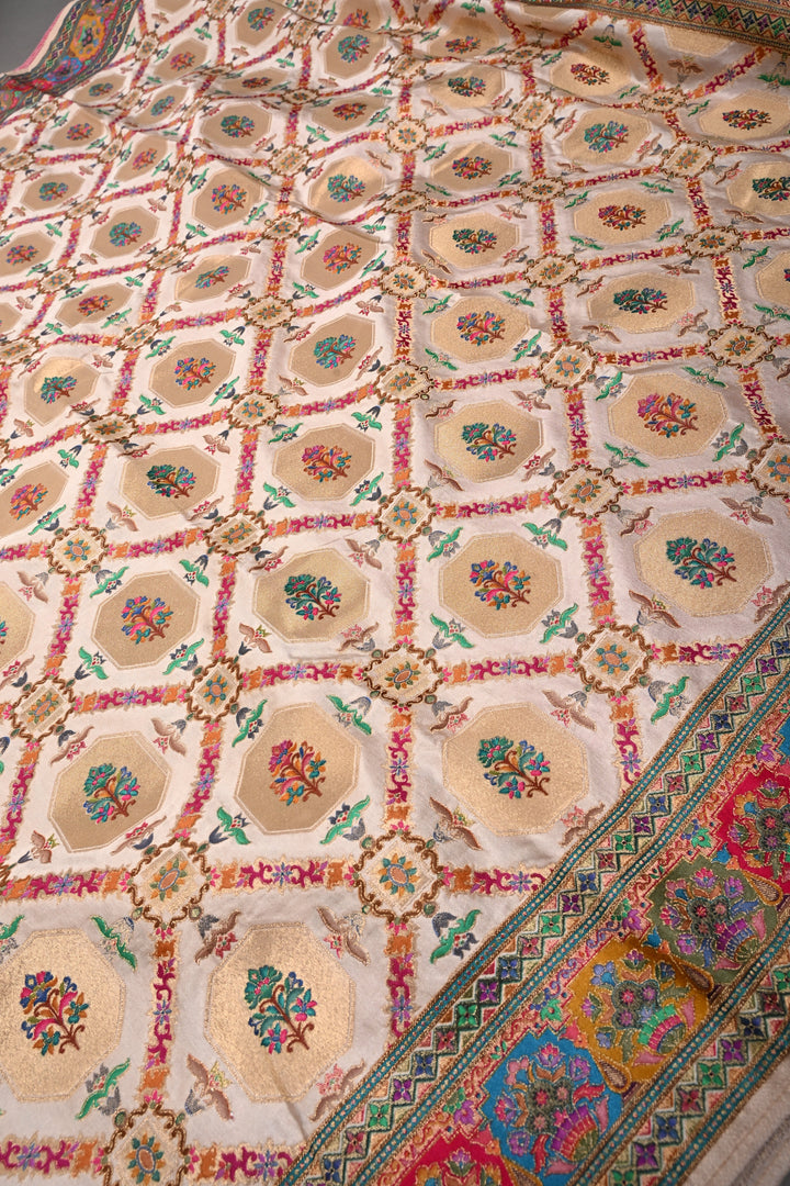 Taupe Satin Brocade Weaving Saree and Meenakari Zari Border | SHOBITAM