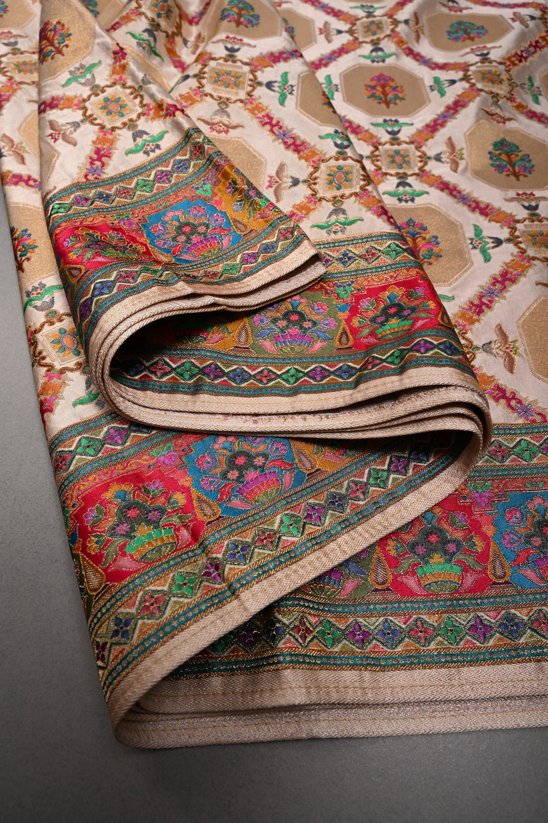 Taupe Satin Brocade Weaving Saree and Meenakari Zari Border | SHOBITAM