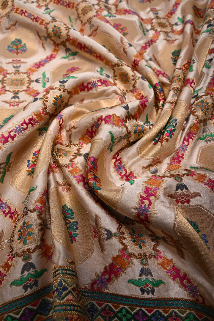 Taupe Satin Brocade Weaving Saree and Meenakari Zari Border | SHOBITAM
