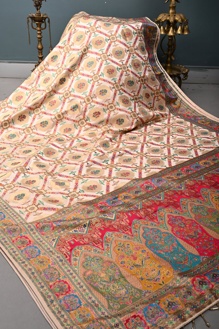 Taupe Satin Brocade Weaving Saree and Meenakari Zari Border | SHOBITAM