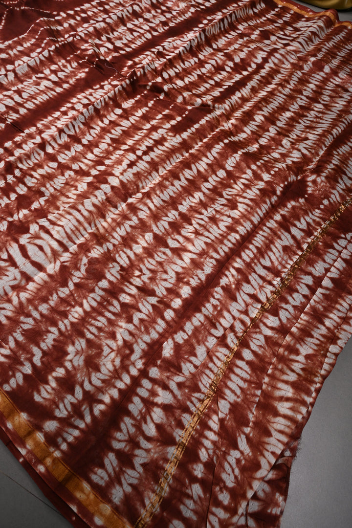 Maroon Shibori Bagru Handblock Chanderi Silk Cotton Saree | SHOBITAM