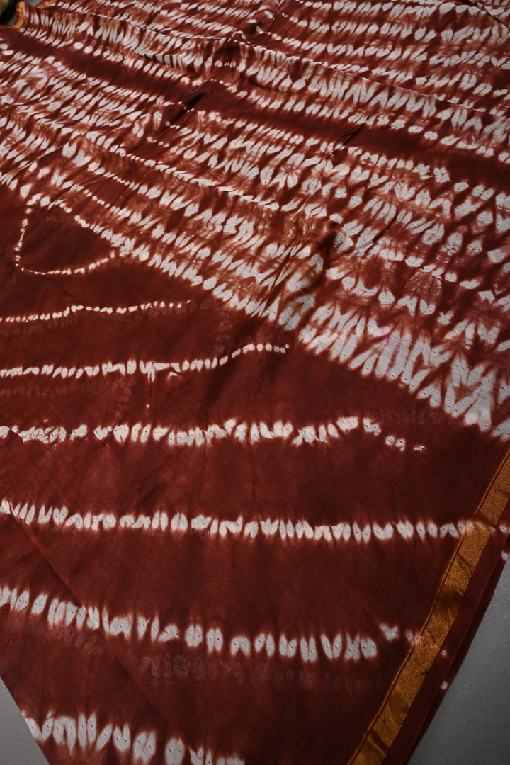 Maroon Shibori Bagru Handblock Chanderi Silk Cotton Saree | SHOBITAM