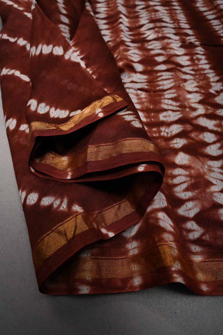 Maroon Shibori Bagru Handblock Chanderi Silk Cotton Saree | SHOBITAM