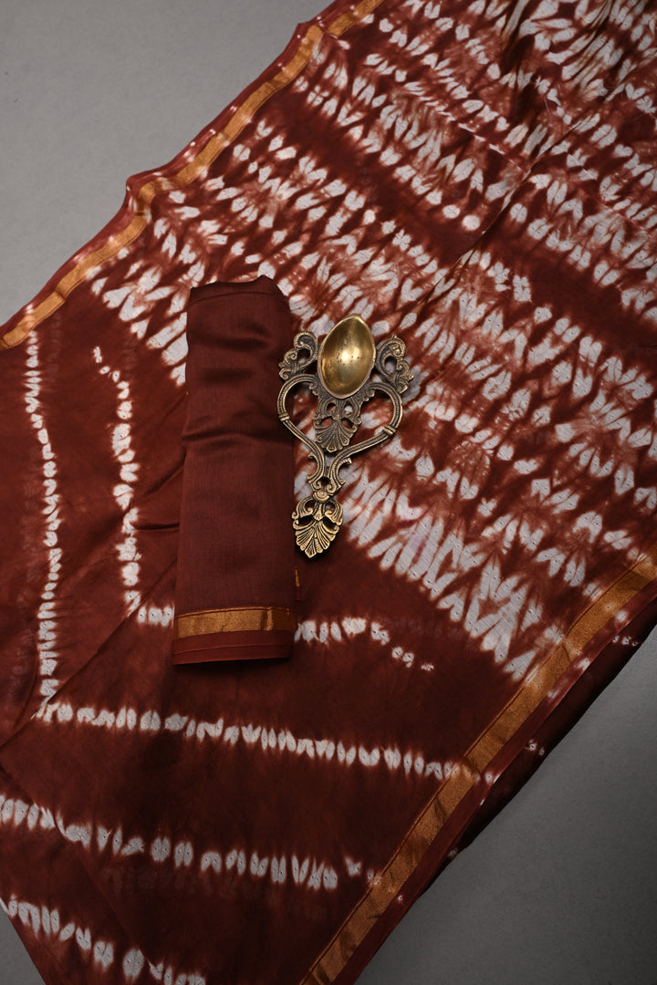 Maroon Shibori Bagru Handblock Chanderi Silk Cotton Saree | SHOBITAM