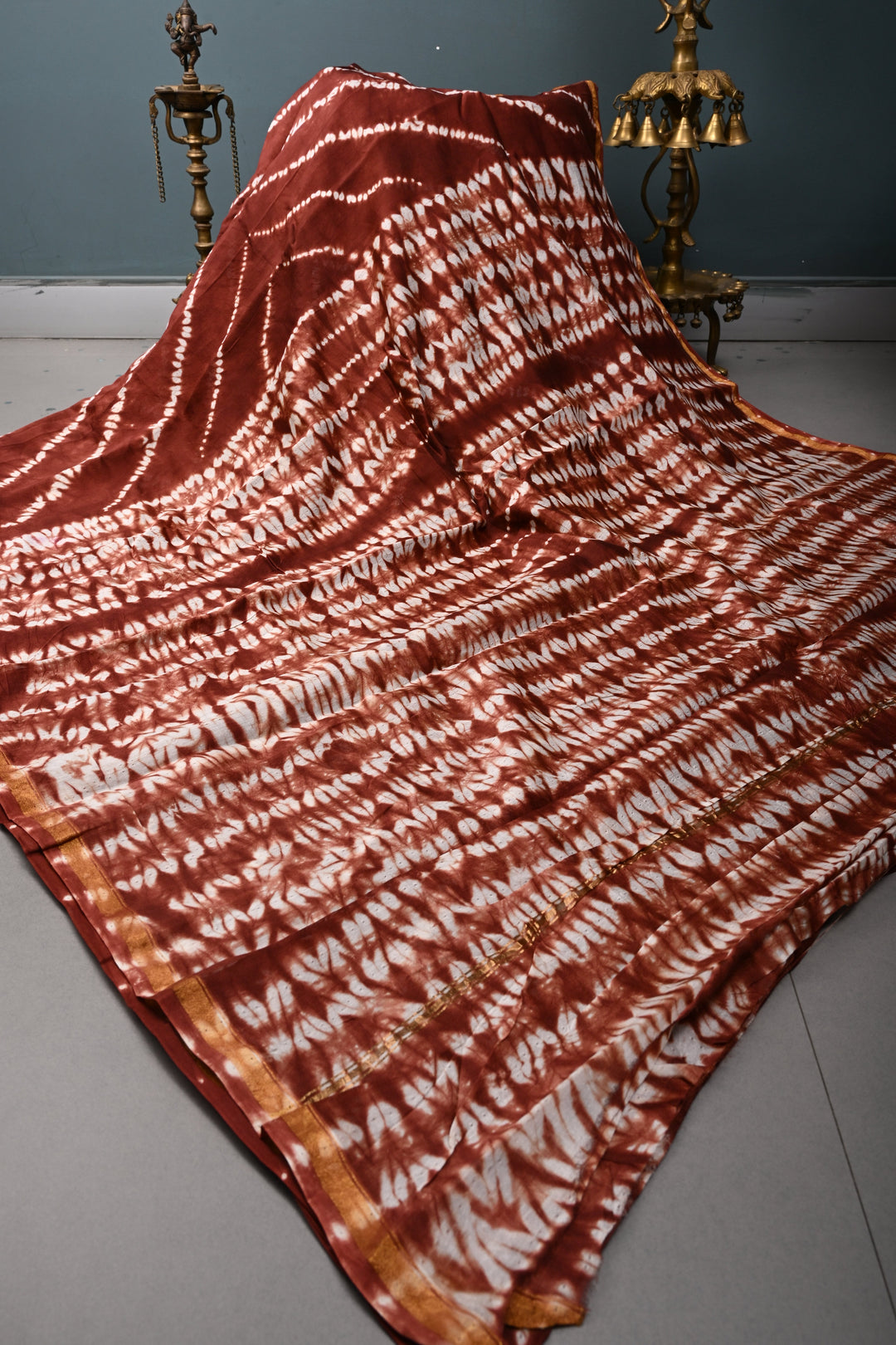 Maroon Shibori Bagru Handblock Chanderi Silk Cotton Saree | SHOBITAM