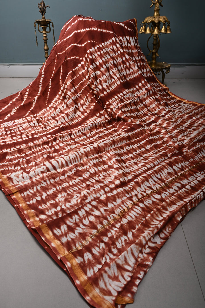 Maroon Shibori Bagru Handblock Chanderi Silk Cotton Saree | SHOBITAM