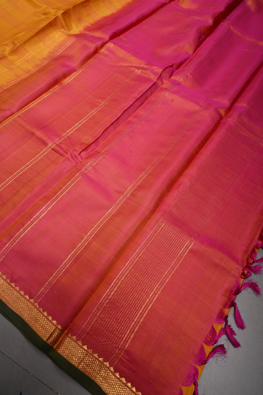 Mustard Yellow  Kanjivaram Silk Saree with Stripes Pattern and Contrast Minimal Zari Border | SILK MARK CERTIFIED | SHOBITAM