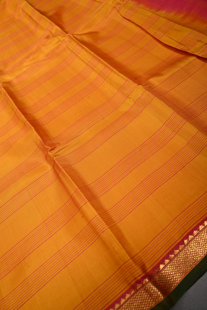 Mustard Yellow  Kanjivaram Silk Saree with Stripes Pattern and Contrast Minimal Zari Border | SILK MARK CERTIFIED | SHOBITAM