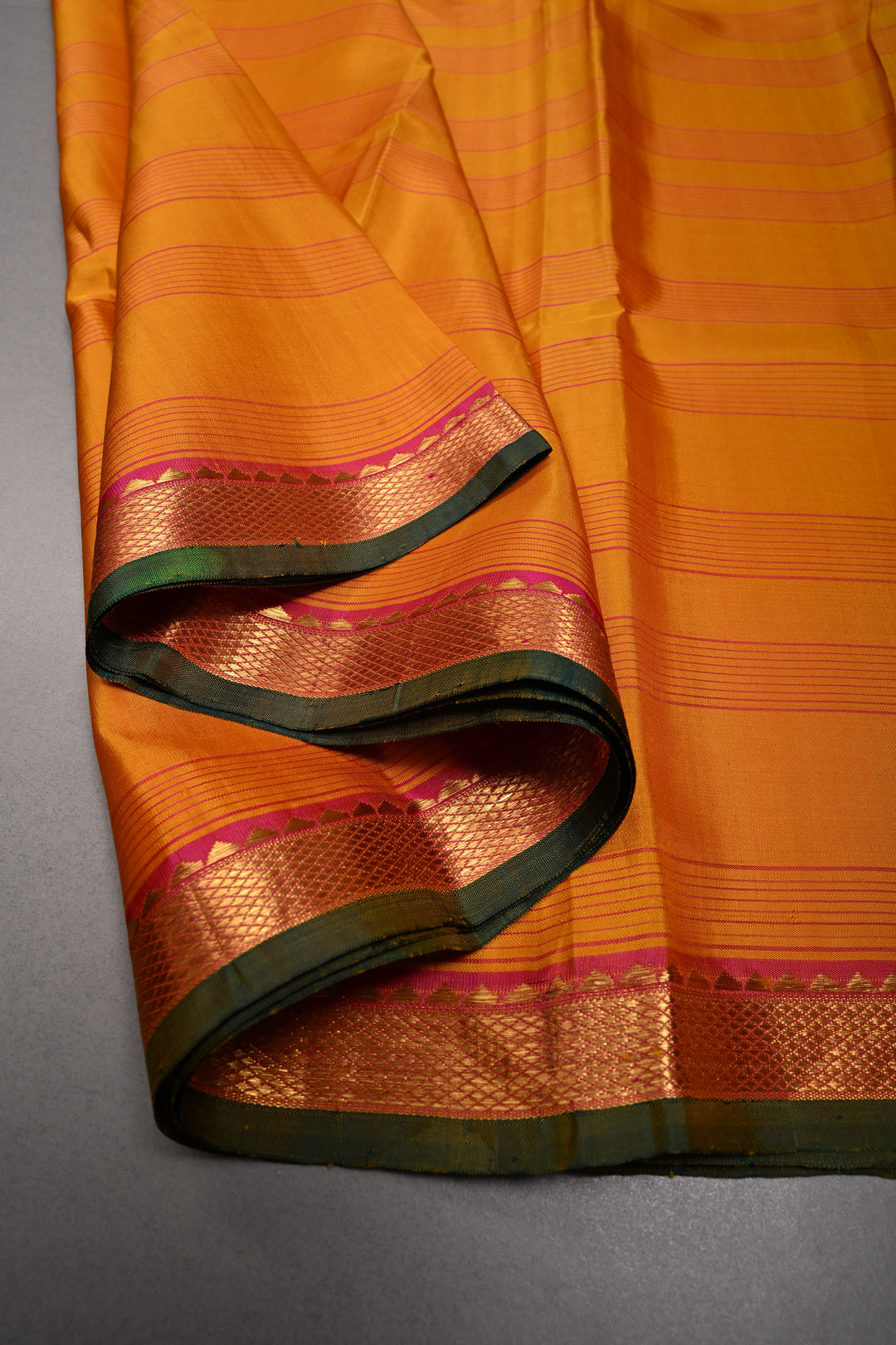 Mustard Yellow  Kanjivaram Silk Saree with Stripes Pattern and Contrast Minimal Zari Border | SILK MARK CERTIFIED | SHOBITAM