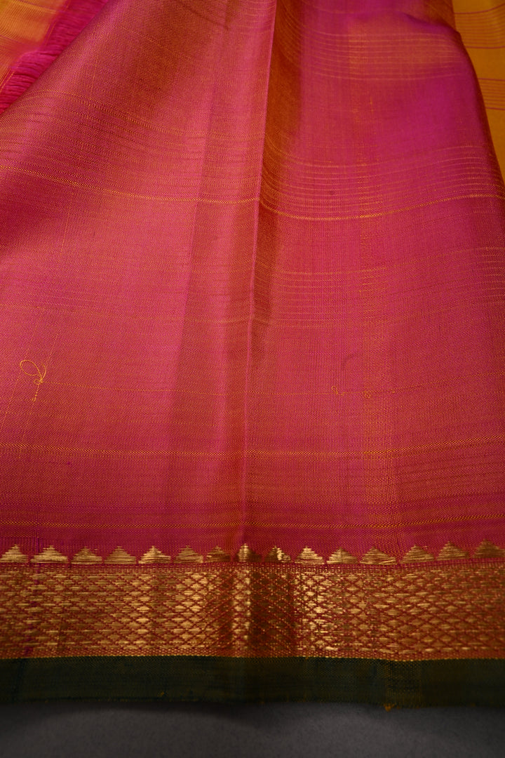 Mustard Yellow  Kanjivaram Silk Saree with Stripes Pattern and Contrast Minimal Zari Border | SILK MARK CERTIFIED | SHOBITAM
