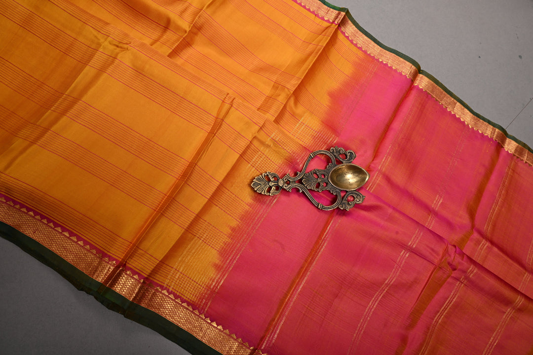 Mustard Yellow  Kanjivaram Silk Saree with Stripes Pattern and Contrast Minimal Zari Border | SILK MARK CERTIFIED | SHOBITAM