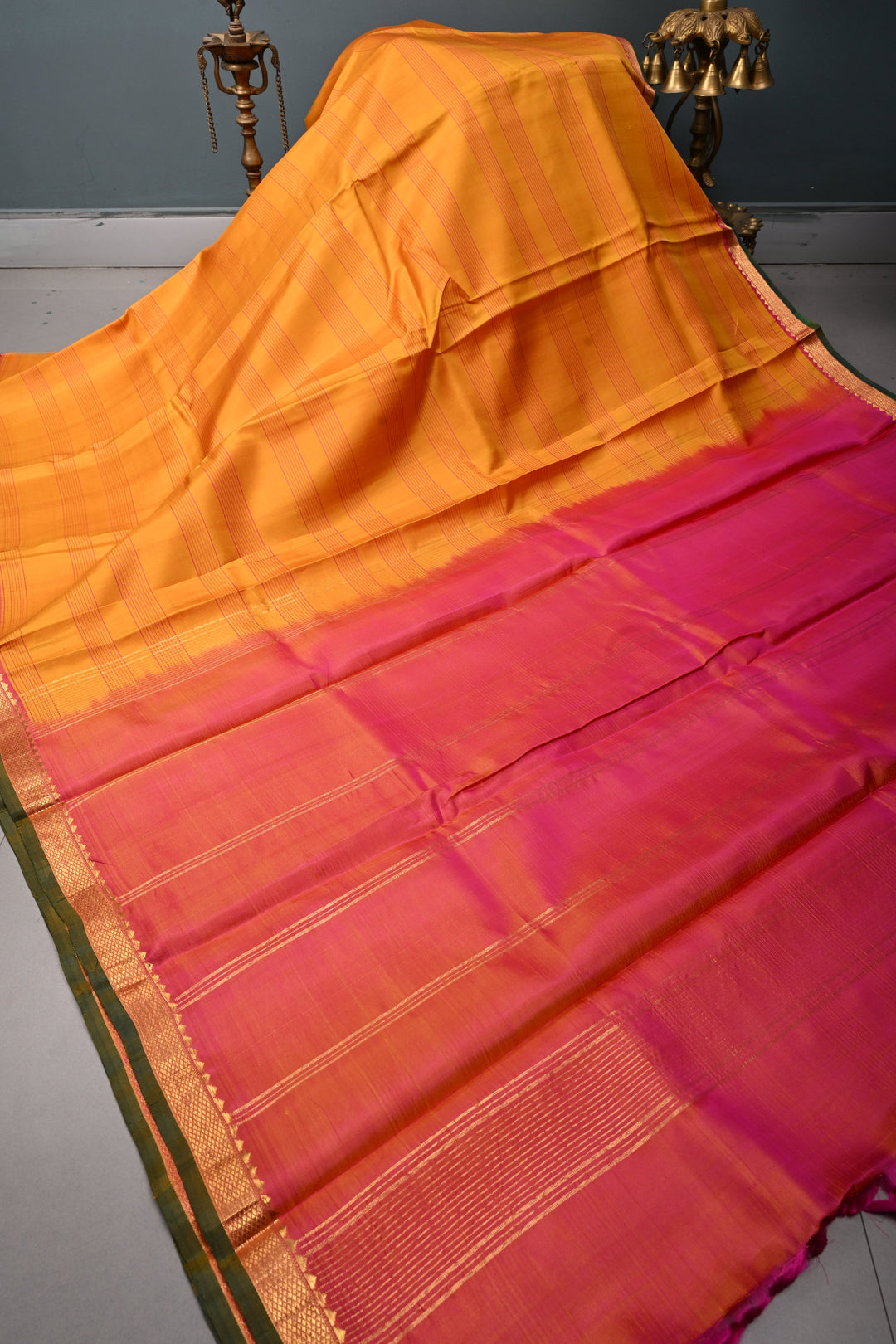 Mustard Yellow  Kanjivaram Silk Saree with Stripes Pattern and Contrast Minimal Zari Border | SILK MARK CERTIFIED | SHOBITAM